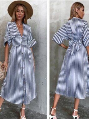 Shein Women’s Linen Blend Striped Midi Belted Dress Blue & White Size M Nautical